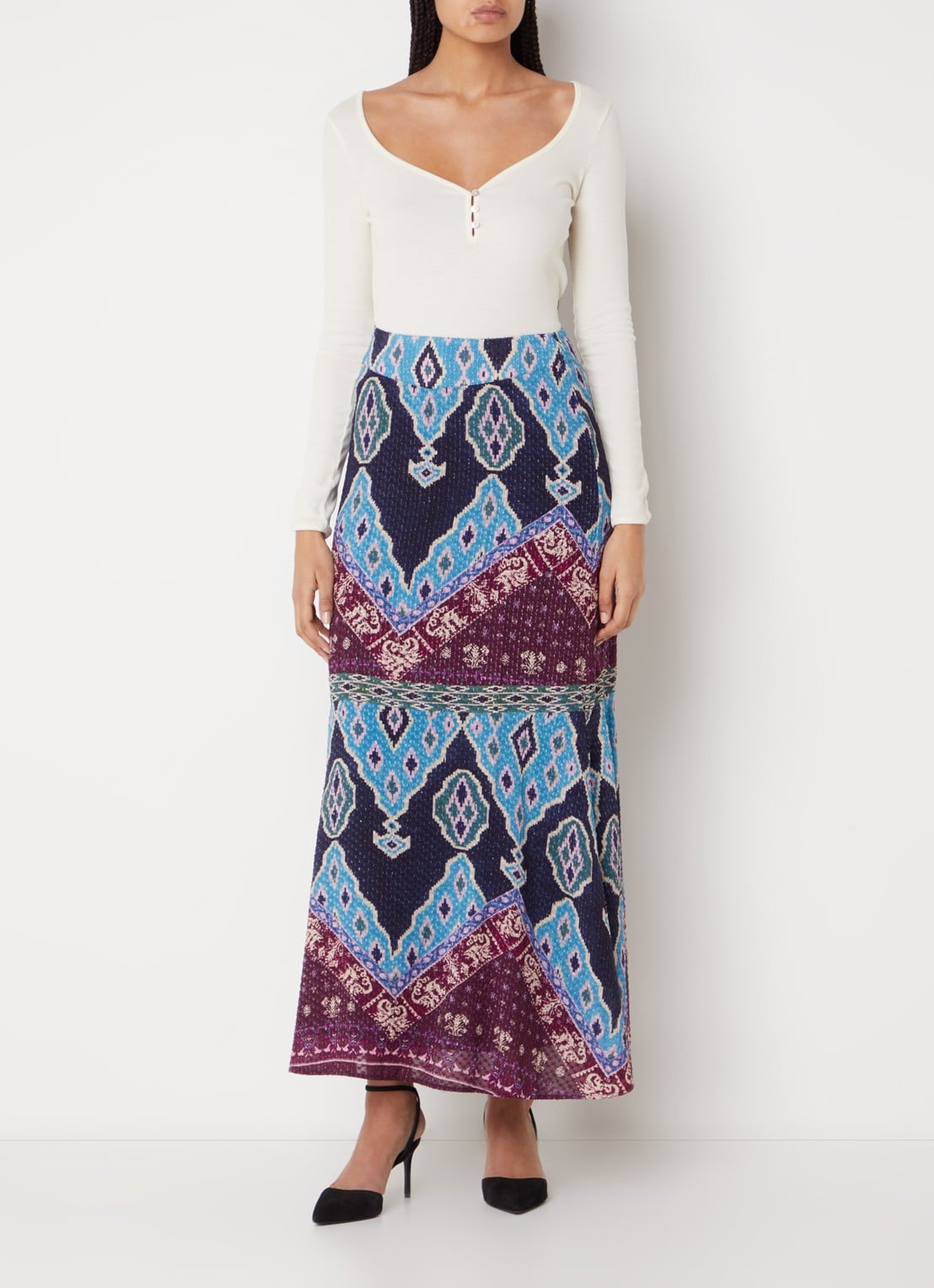 ba&sh Manessa maxi rok met print - voorkant 2 donkerblauw