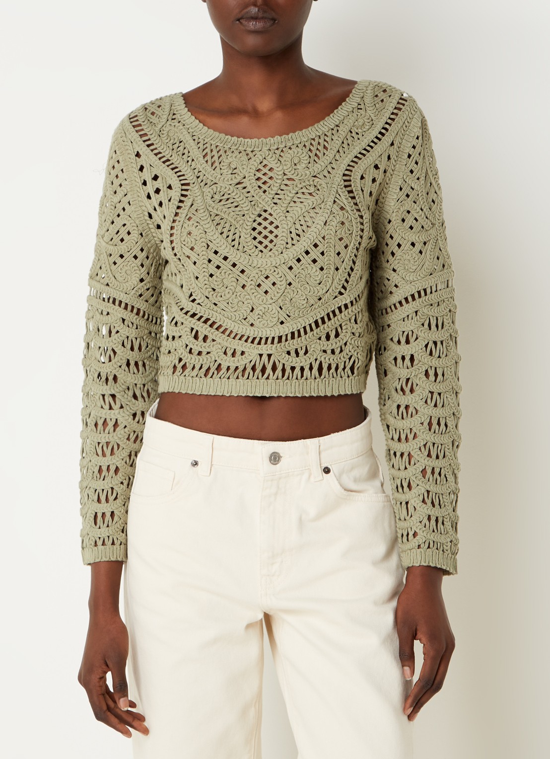 ba&sh Marc grofgebreide crop top met broderie - detail khaki