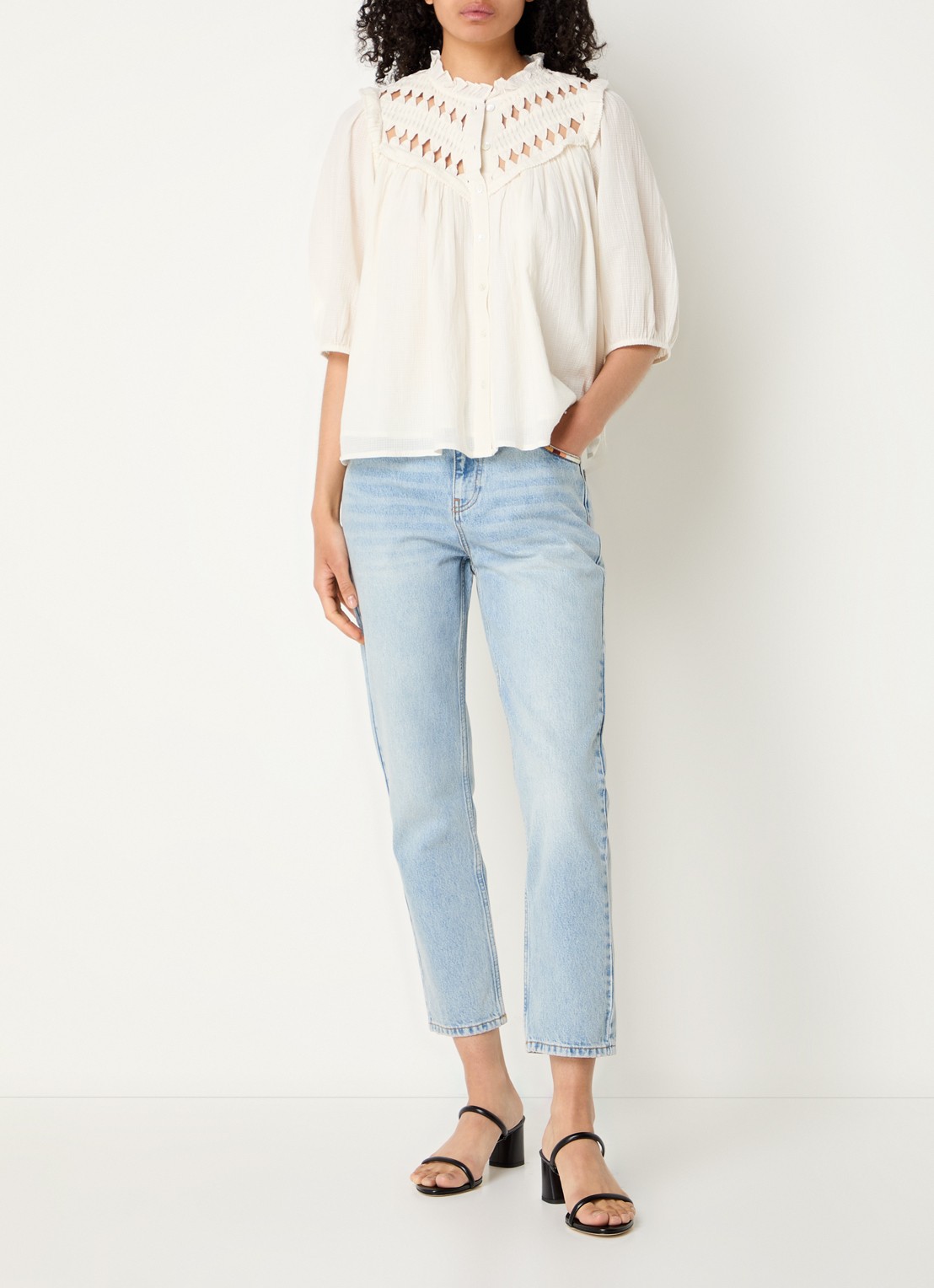 ba&sh Medium waist slim fit cropped jeans met lichte wassing - voorkant 4 indigo