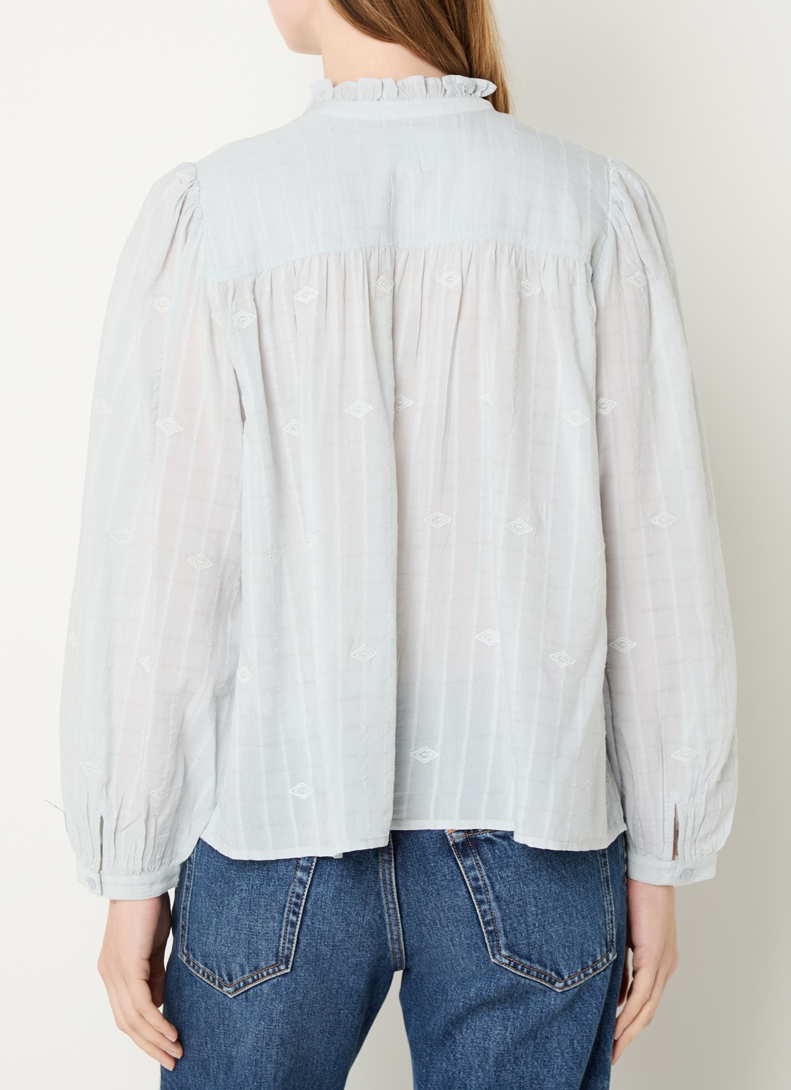 ba&sh Melody blouse met volant en pofmouw - achterkant 2 lichtblauw