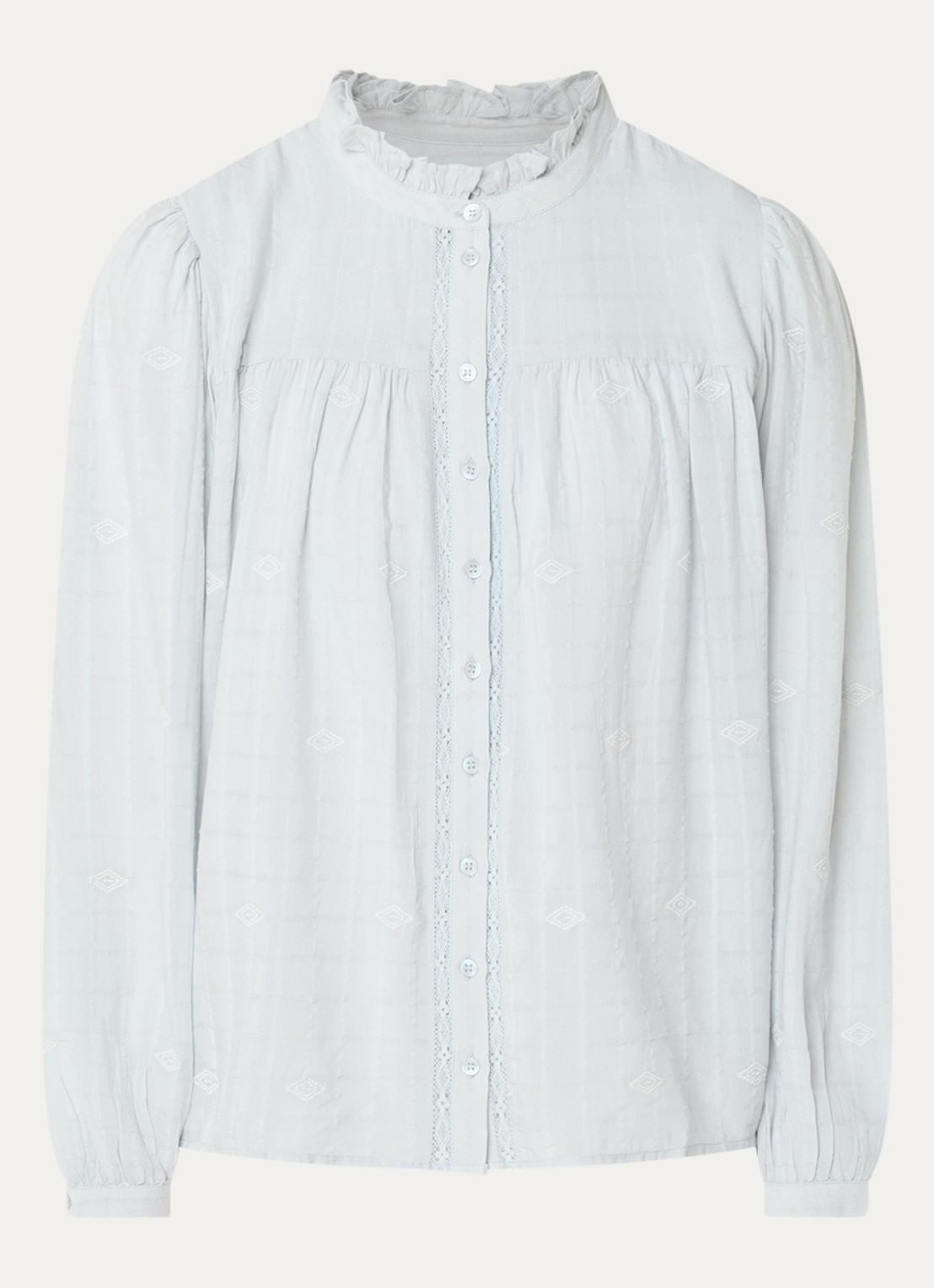 ba&sh Melody blouse met volant en pofmouw - voorkant 3 lichtblauw
