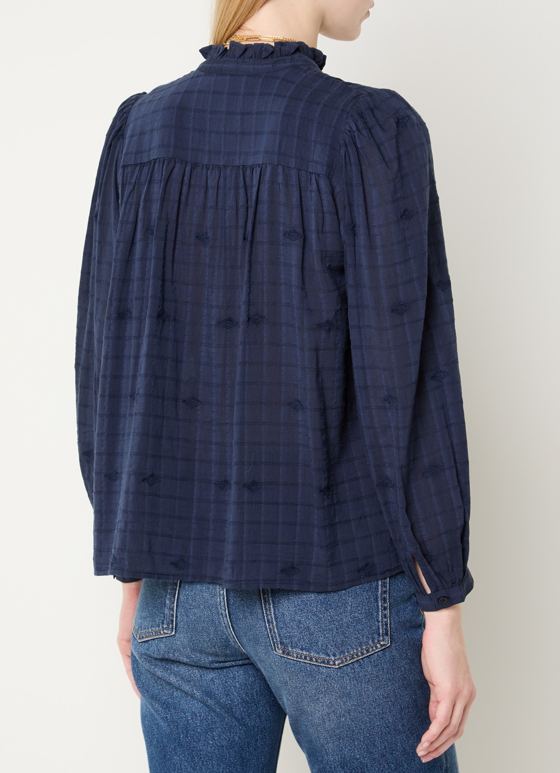 ba&sh Melody blouse met volant en pofmouw - achterkant 2 donkerblauw
