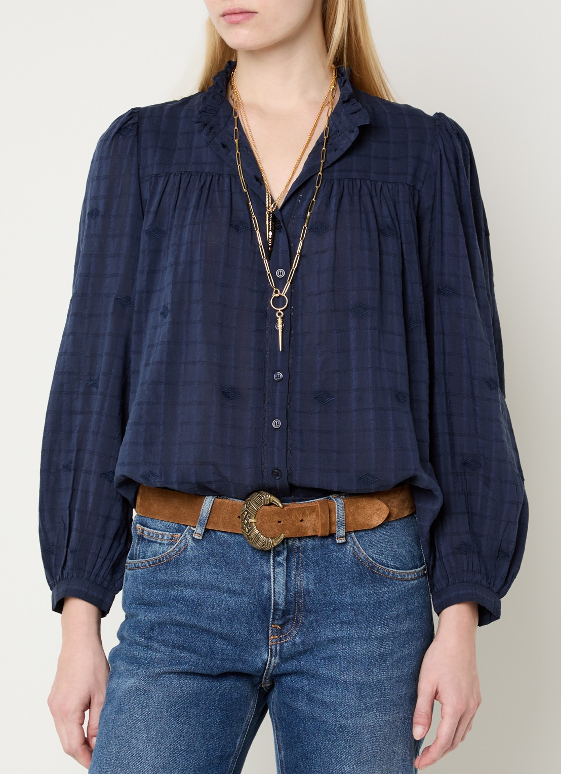 ba&sh Melody blouse met volant en pofmouw - detail donkerblauw
