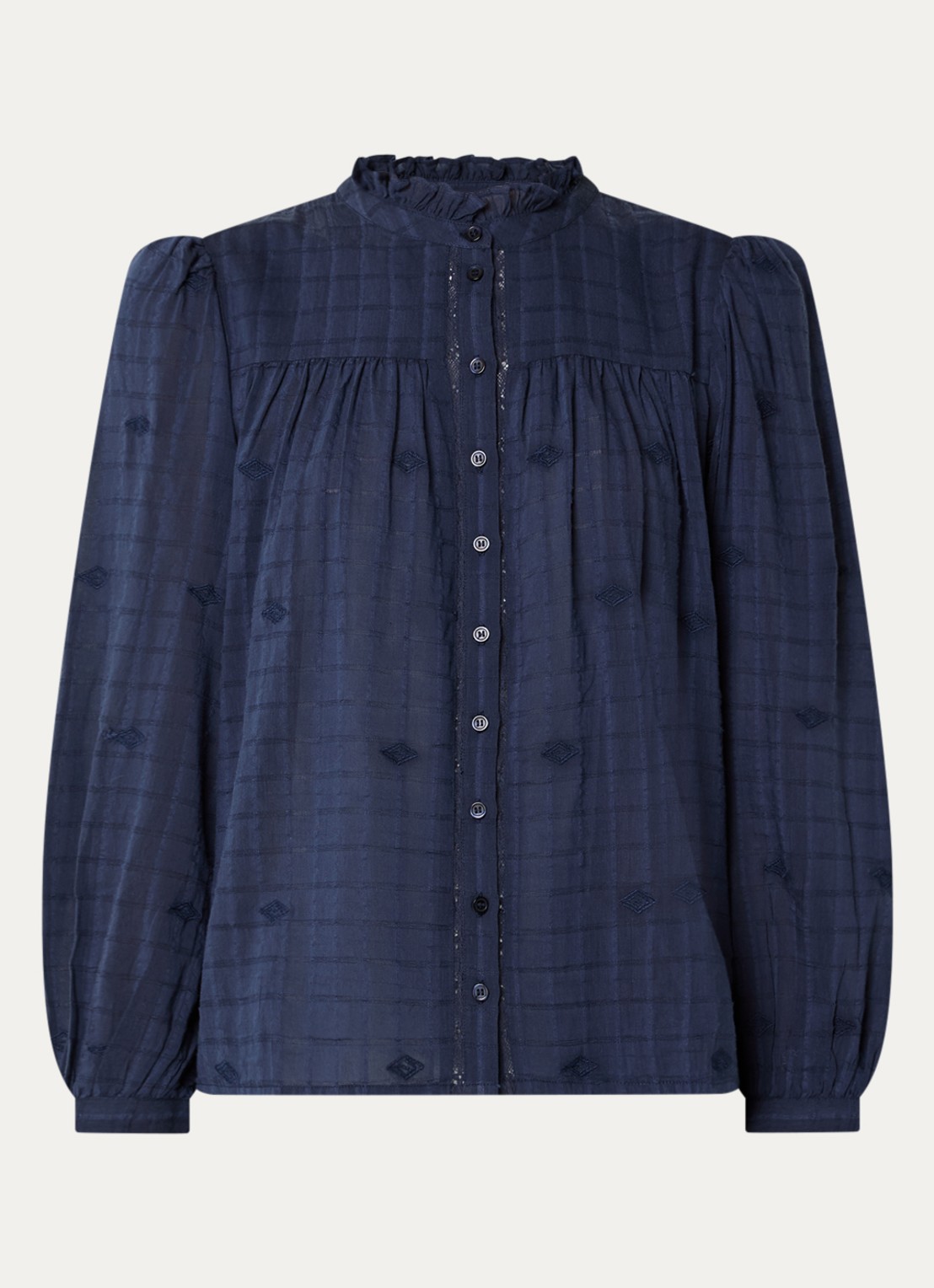 ba&sh Melody blouse met volant en pofmouw - voorkant 3 donkerblauw