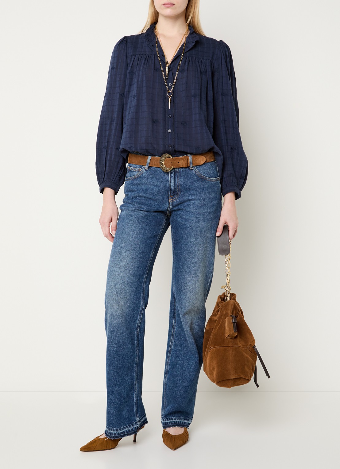 ba&sh Melody blouse met volant en pofmouw - voorkant 4 donkerblauw