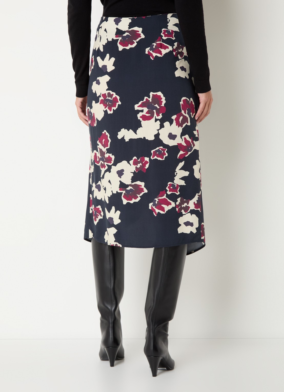 ba&sh Meona midi rok met bloemenprint en split - achterkant 5 donkerblauw