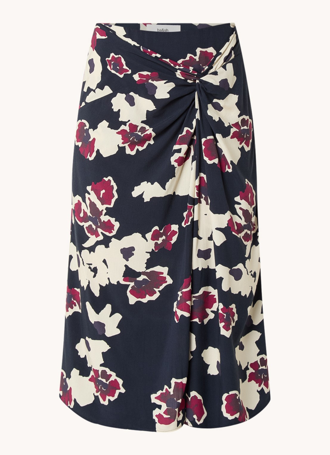 ba&sh Meona midi rok met bloemenprint en split - voorkant 3 donkerblauw