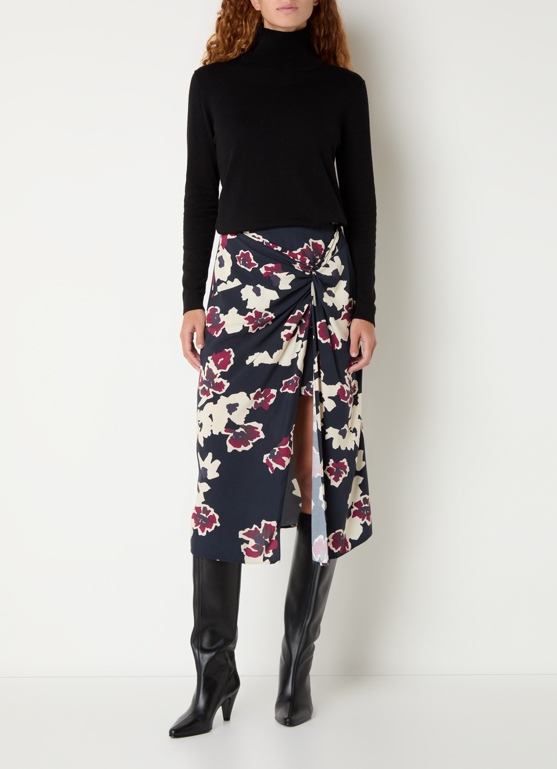 ba&sh Meona midi rok met bloemenprint en split - voorkant 4 donkerblauw