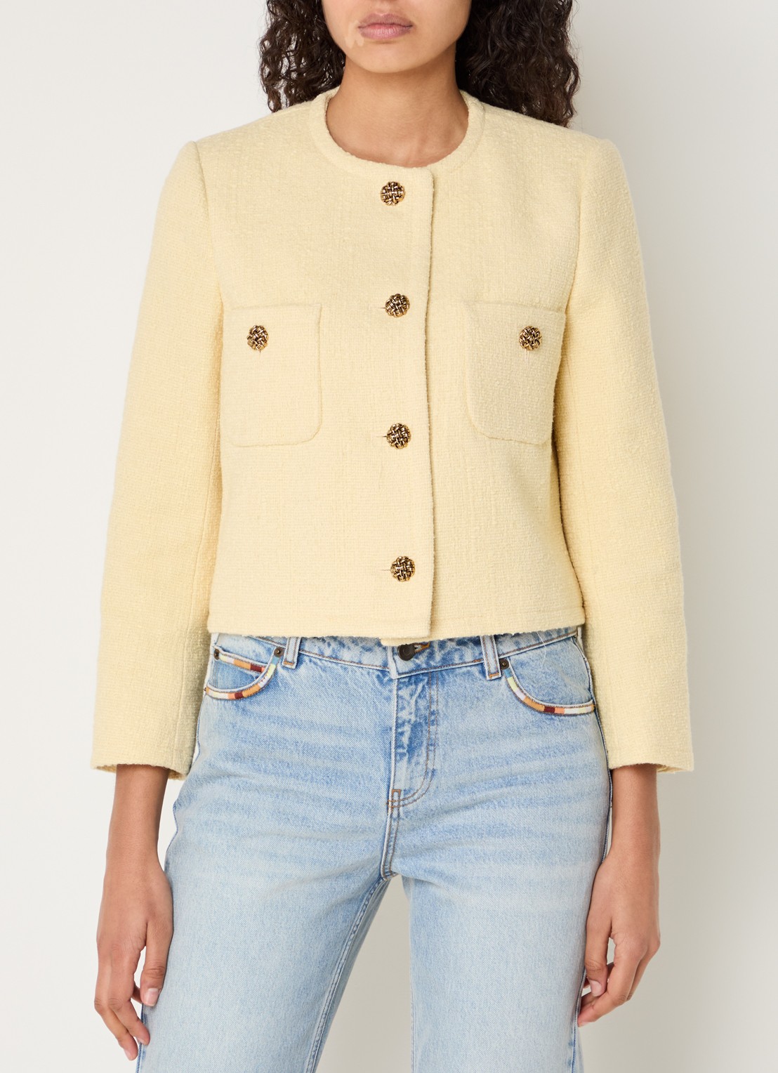 ba&sh Meredith cropped jack van tweed met opgestikte zakken - detail lichtgeel