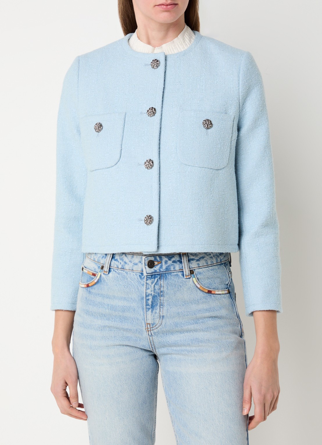ba&sh Meredith cropped jack van tweed met opgestikte zakken - detail 3 lichtblauw