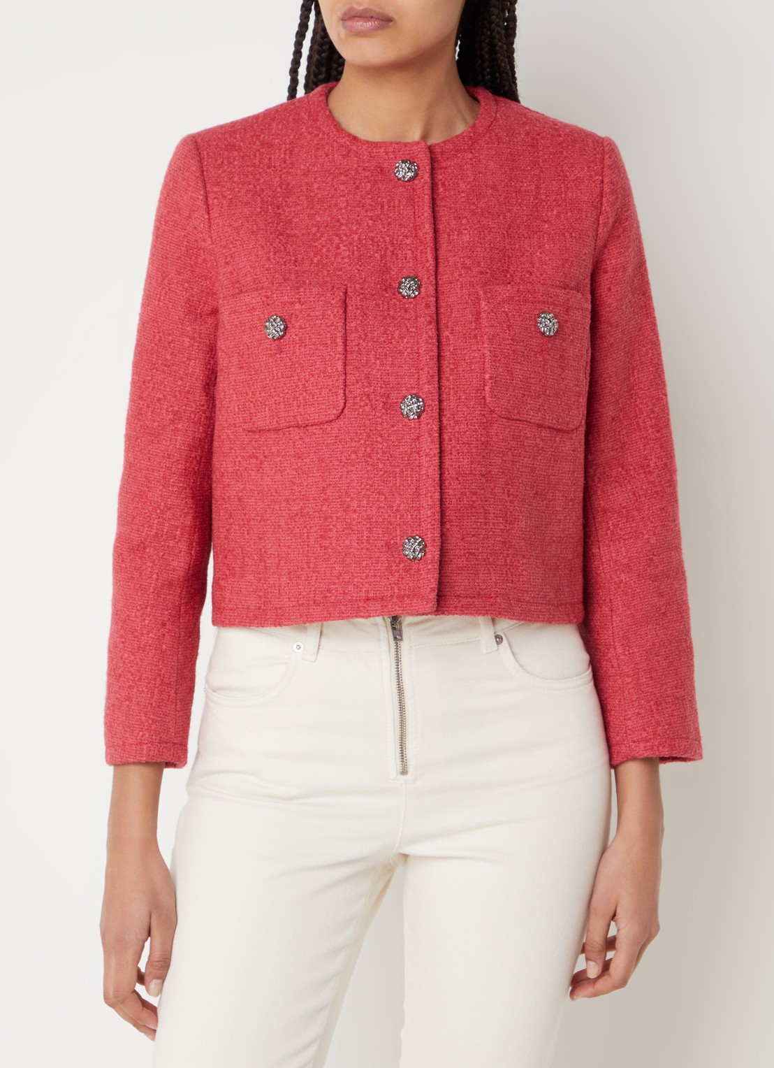 ba&sh Meredith cropped jack van tweed met opgestikte zakken - detail 3 koraalrood