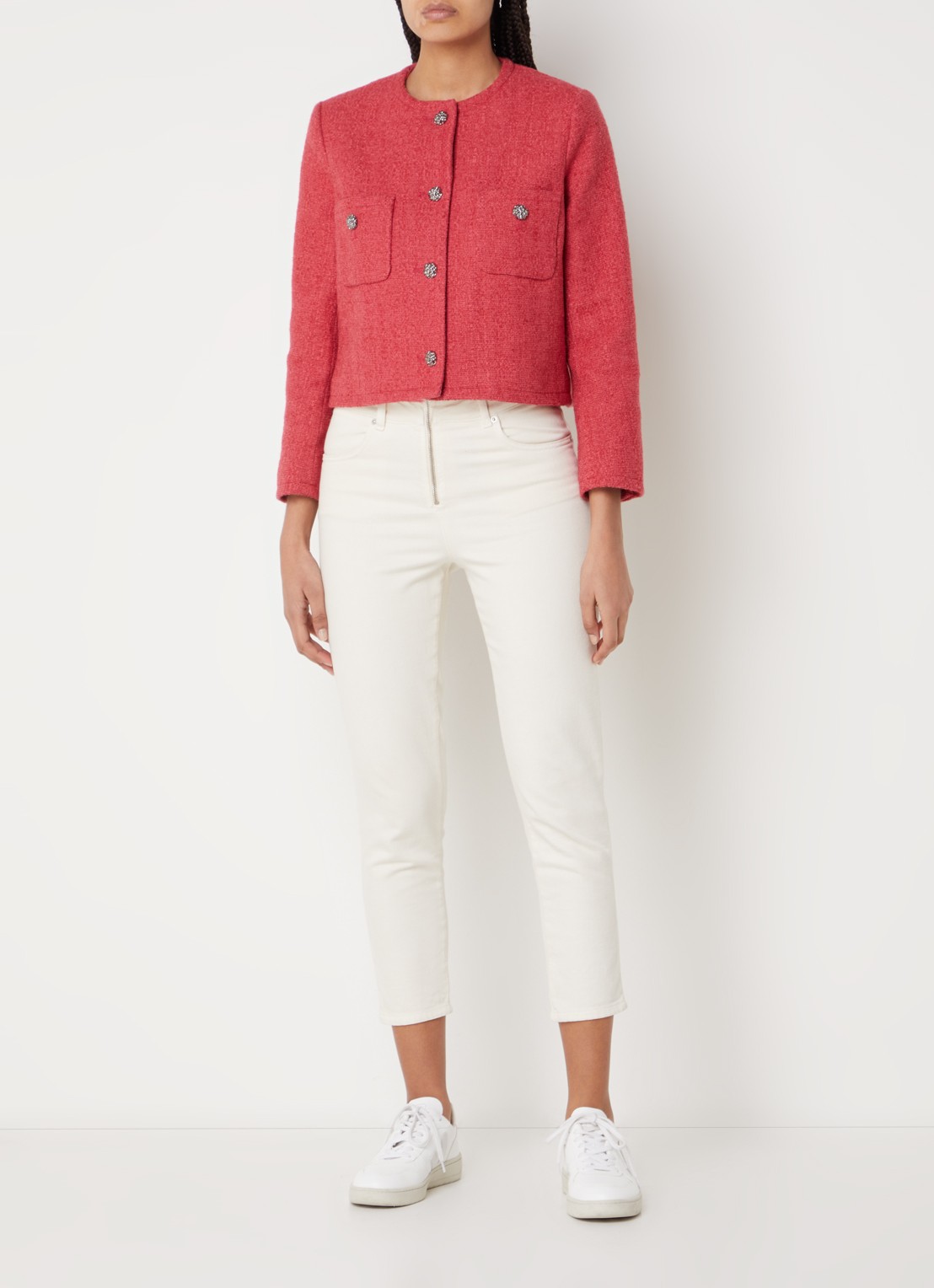 ba&sh Meredith cropped jack van tweed met opgestikte zakken - voorkant 2 koraalrood