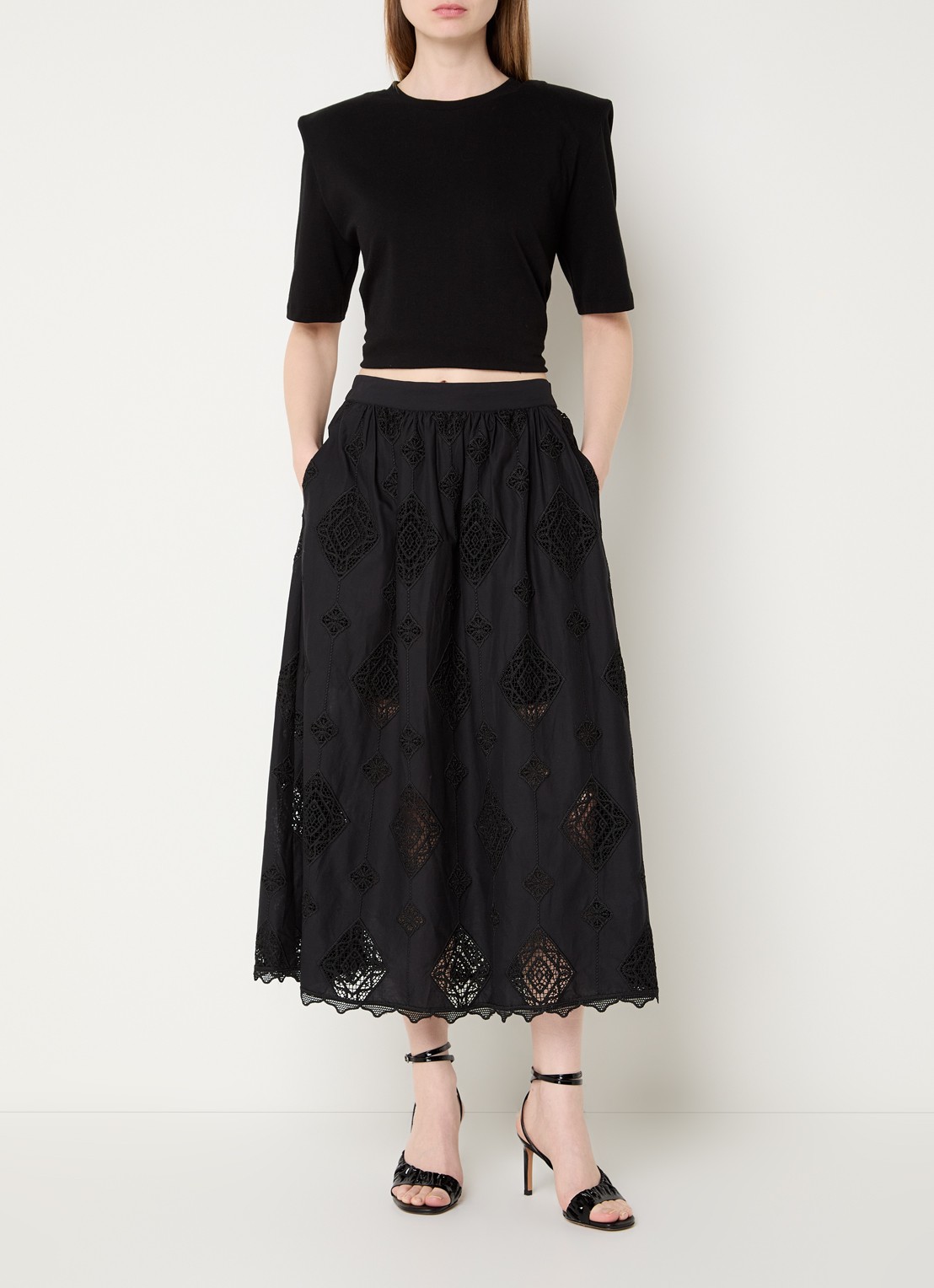 ba&sh Mona midi rok met broderie - voorkant 4 zwart