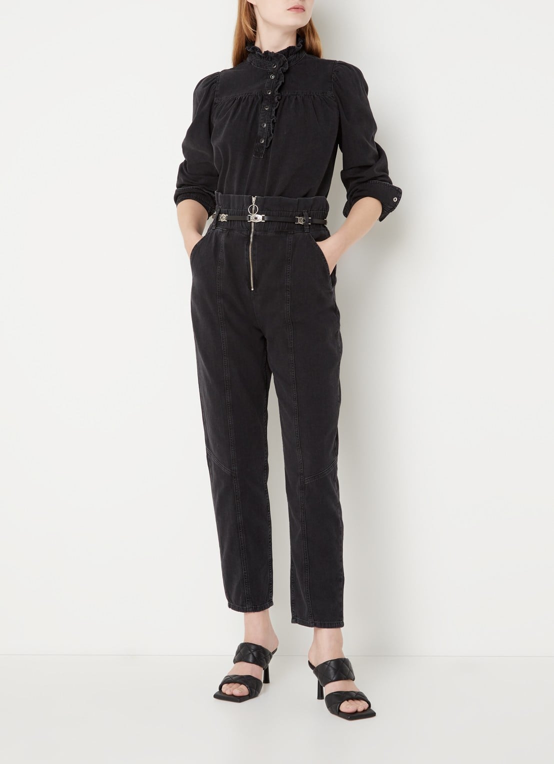 Ba&sh Mony high waist tapered fit pantalon met ritsdetail - voorkant 3 zwart