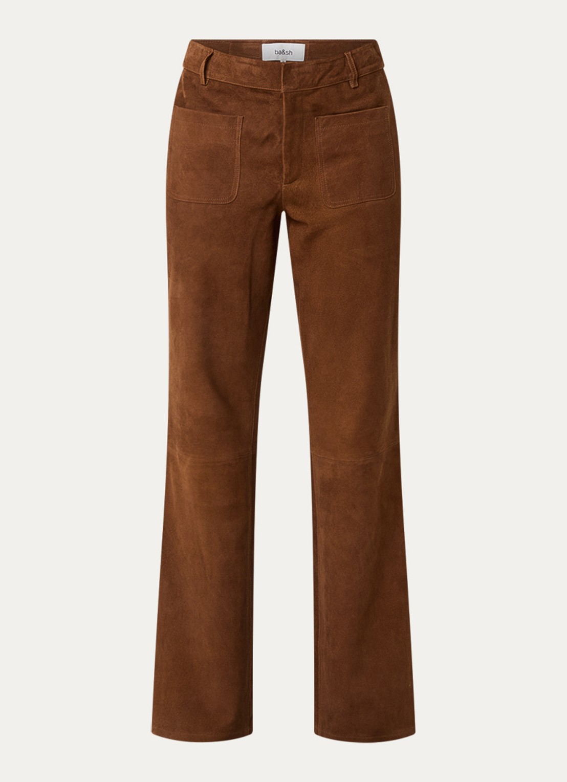 ba&sh Mossi high waist slim fit broek van geitensuède met steekzakken - voorkant 2 cognac