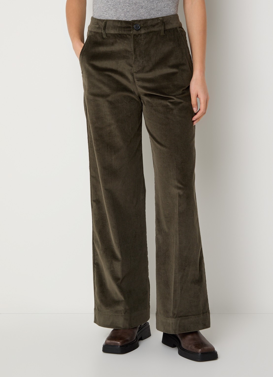 ba&sh Nali high waist wide fit broek van corduroy met steekzakken - detail bronsgroen