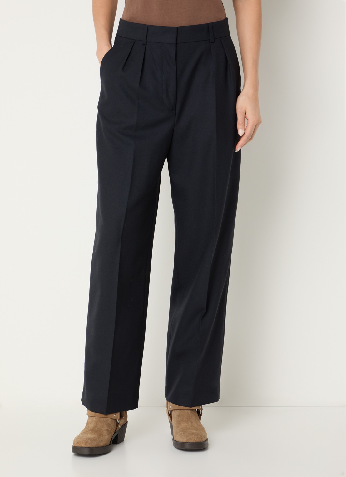 ba&sh Nani high waist straight fit pantalon van wol met persplooi - detail 4 donkerblauw