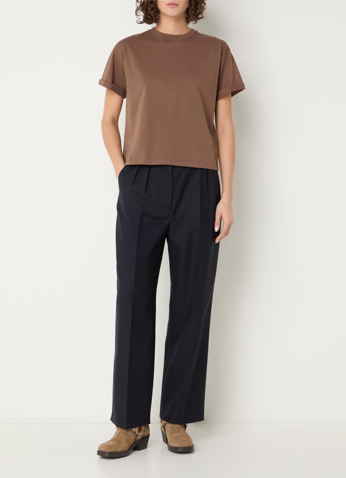 ba&sh Nani high waist straight fit pantalon van wol met persplooi - voorkant 3 donkerblauw