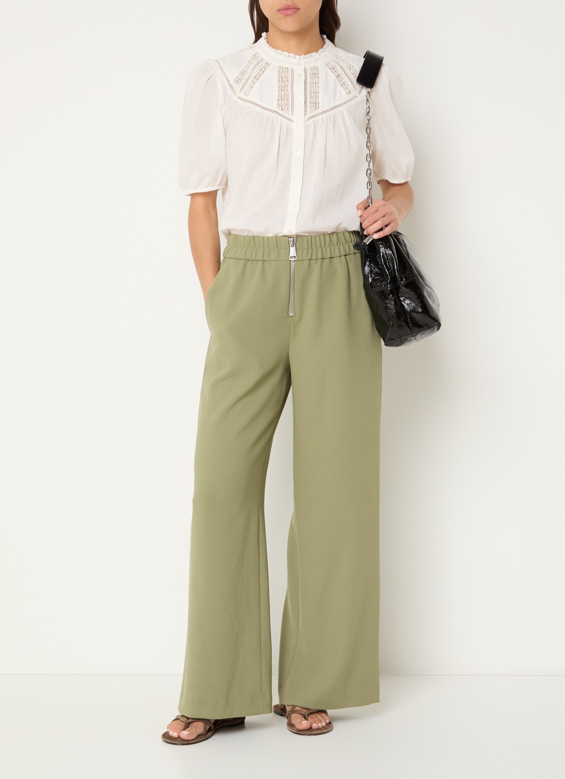 ba&sh Narlos high waist loose fit pantalon met steekzakken  - voorkant 3 olijfgroen