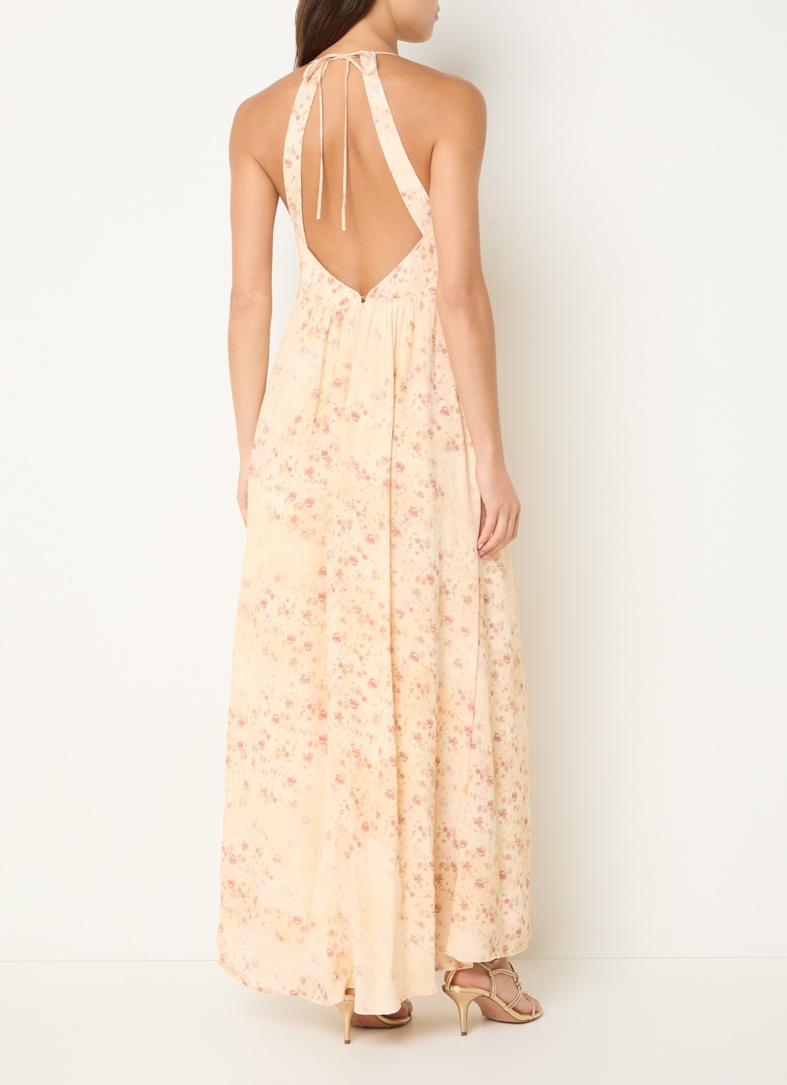 ba&sh Natz maxi jurk met bloemenprint en rugdecolleté - achterkant 4 abrikoos