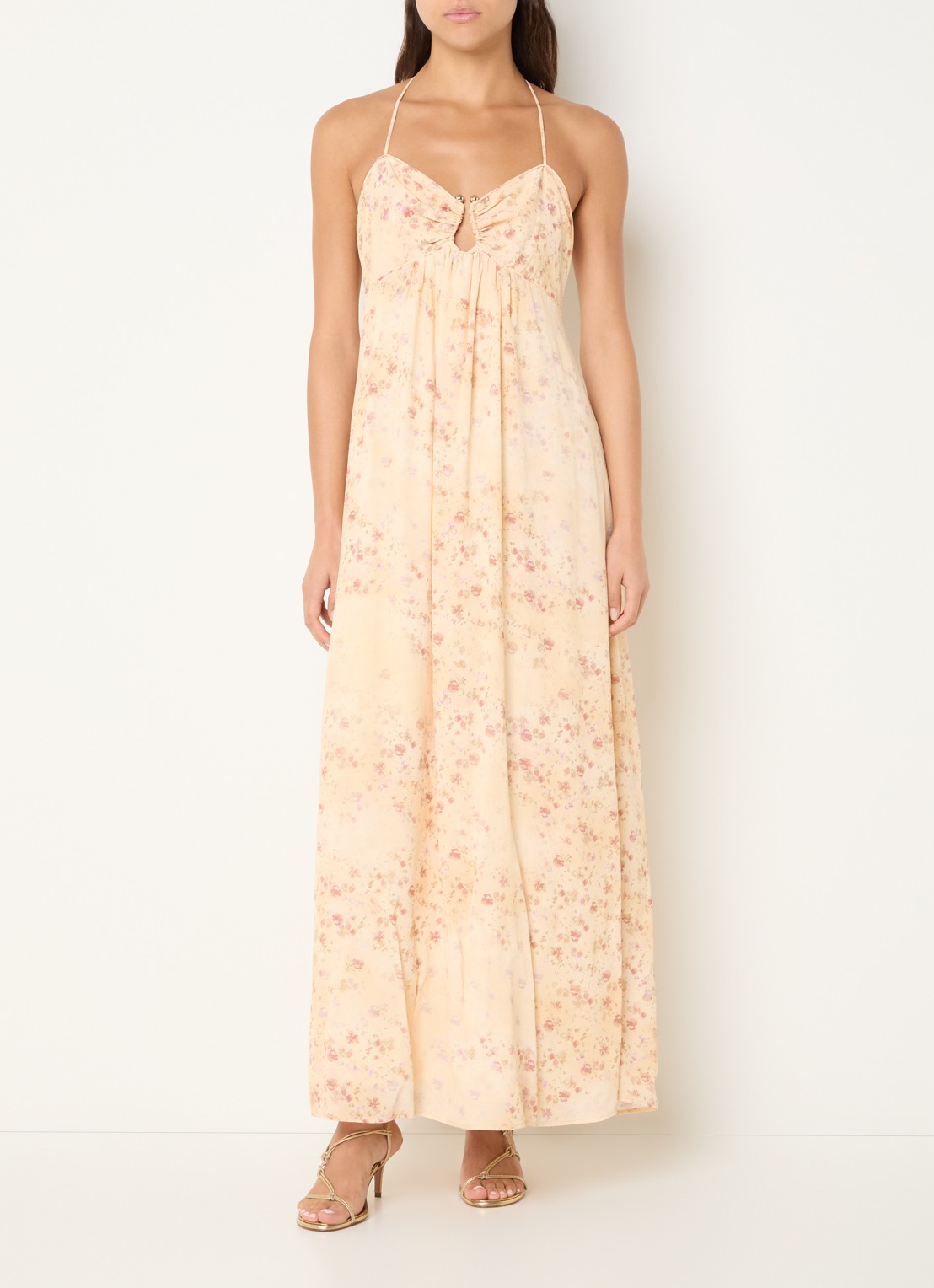 ba&sh Natz maxi jurk met bloemenprint en rugdecolleté - detail abrikoos