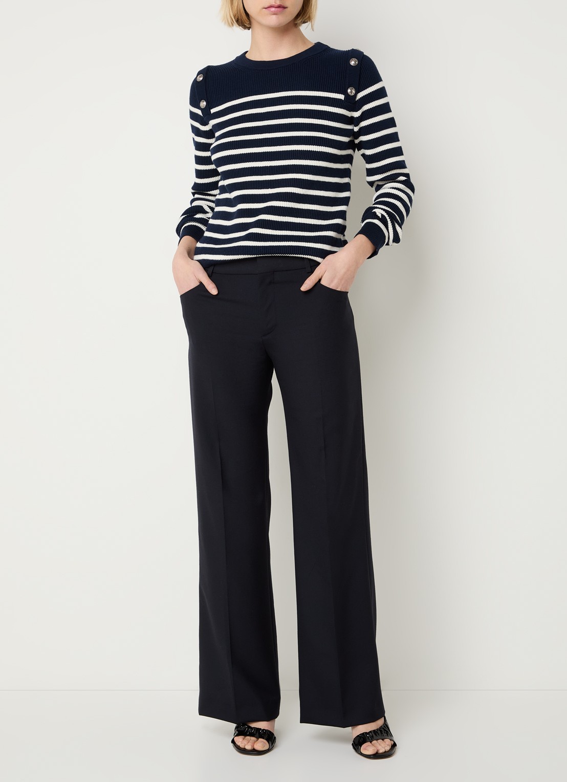 ba&sh Nives high waist bootcut fit broek van scheerwol - voorkant 2 donkerblauw
