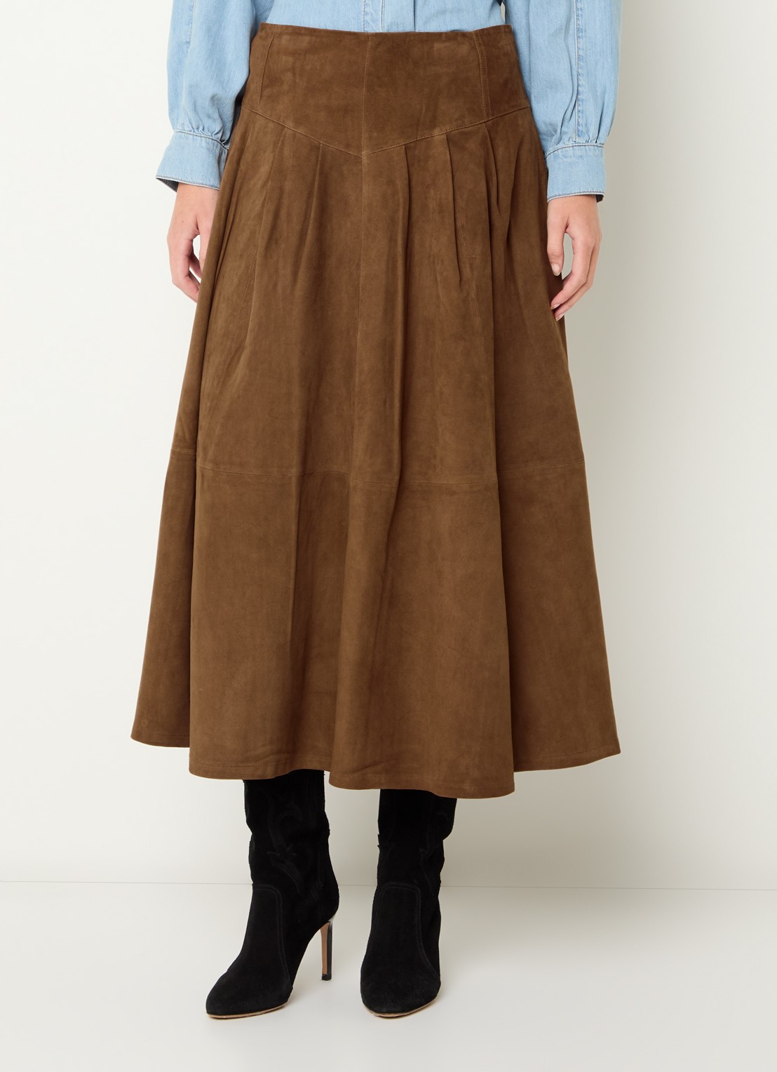 ba&sh Nolly midi rok van geitensuède met steekzakken - detail cognac