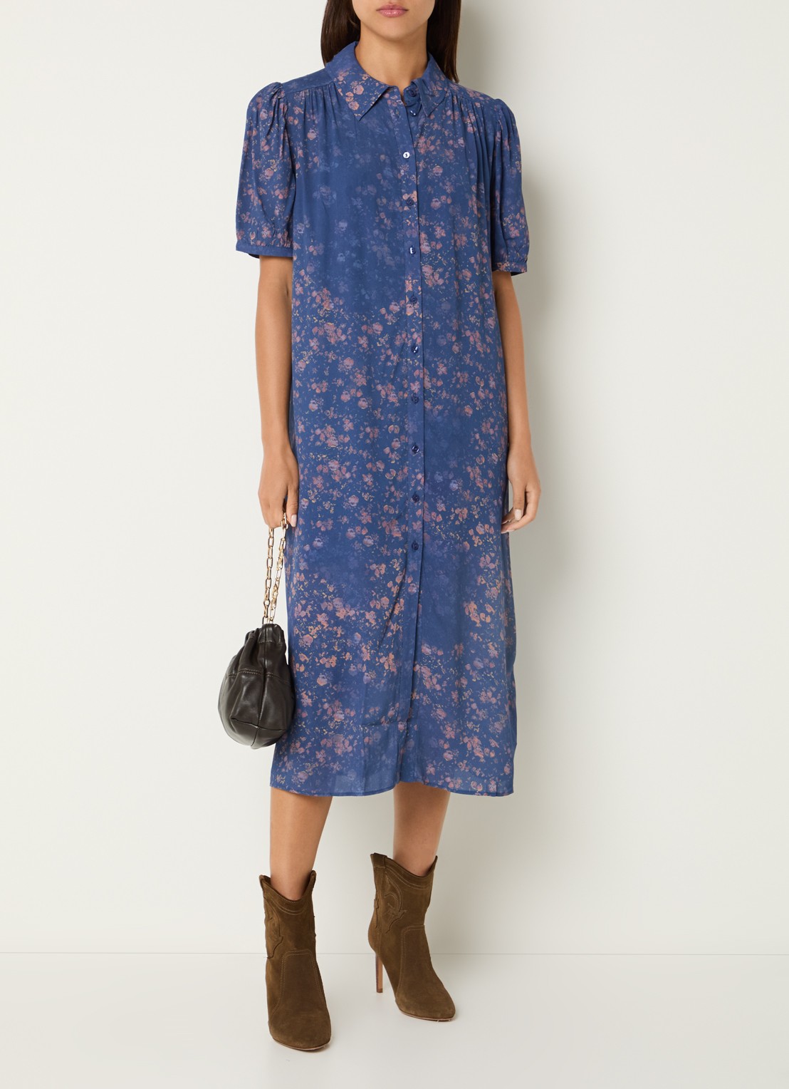 ba&sh Norma midi blousejurk met print en ballonmouw - detail donkerblauw