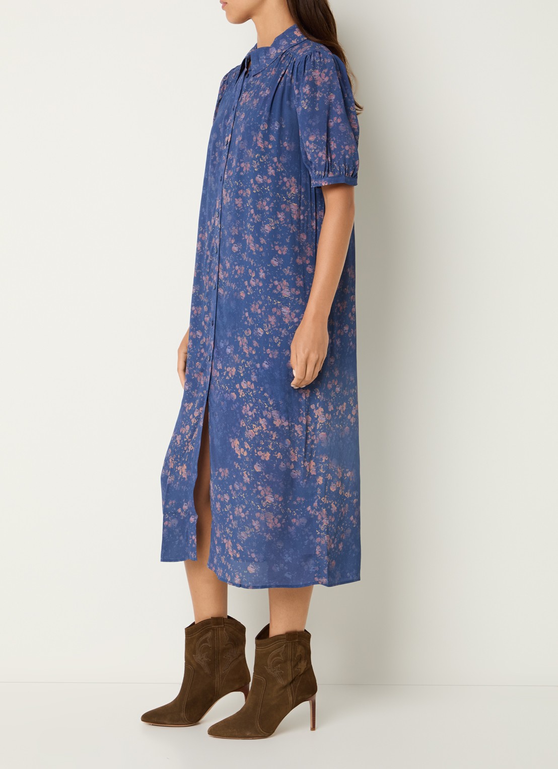 ba&sh Norma midi blousejurk met print en ballonmouw - voorkant 4 donkerblauw