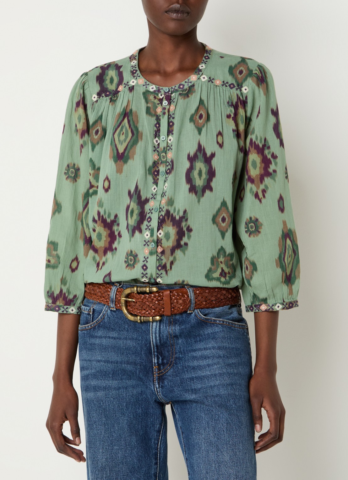 ba&sh Odelie blouse met print - detail 4 lichtgroen