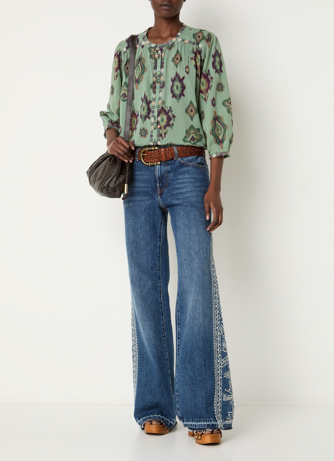 ba&sh Odelie blouse met print - voorkant 2 lichtgroen