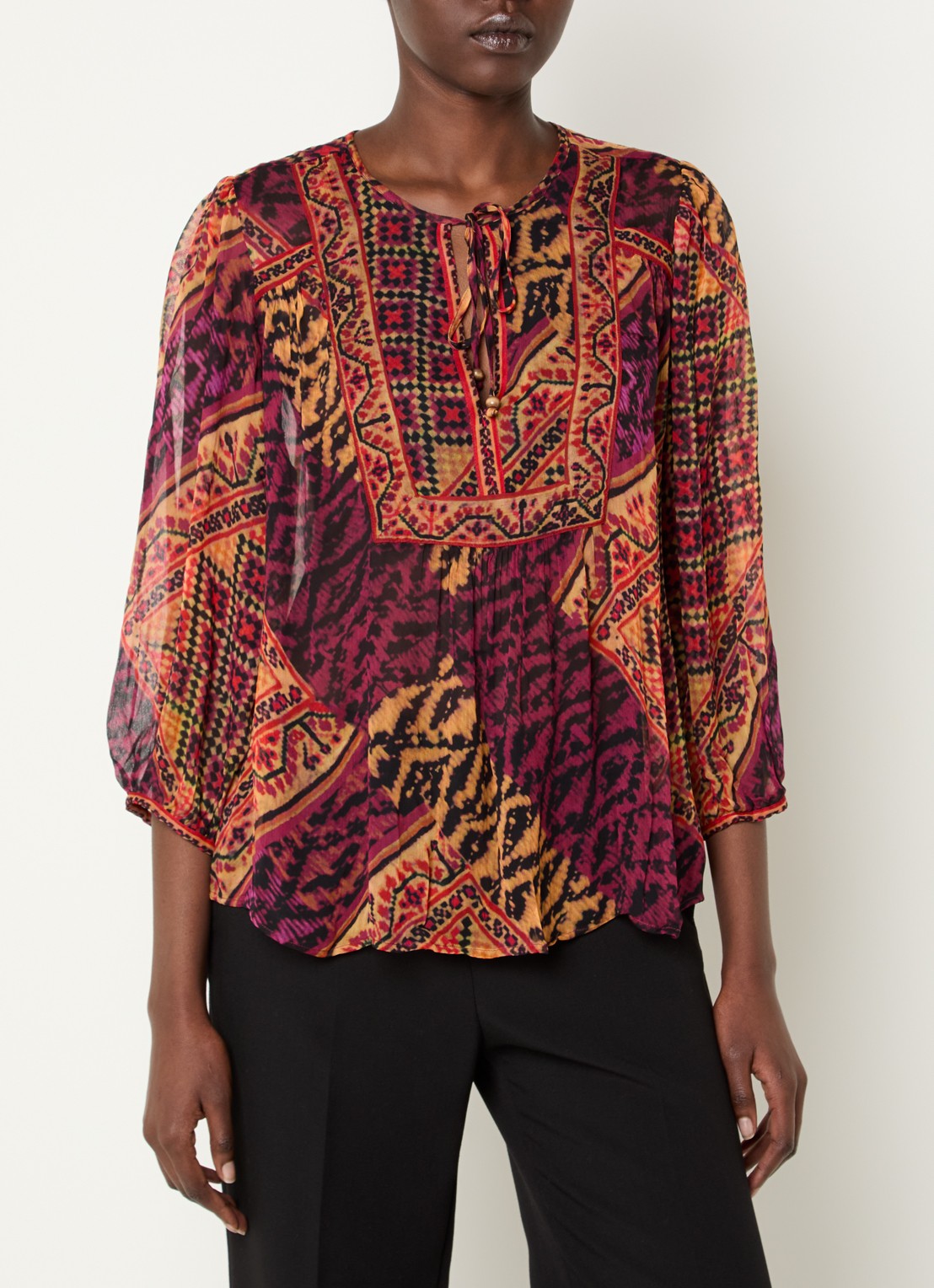 ba&sh Odetta semi-transparante tuniek met print en strikkraag - detail 3 rood