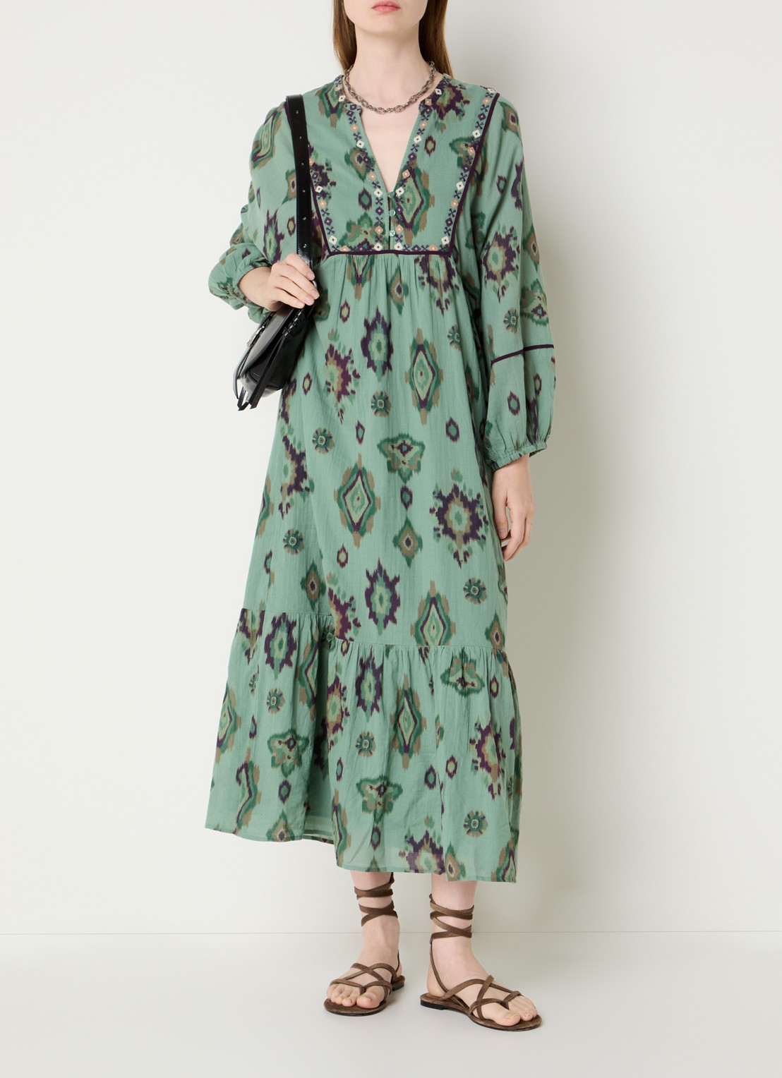 ba&sh Oelia midi jurk met grafische print en V-hals - detail 3 groen