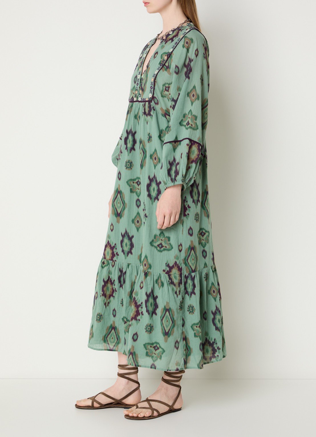 ba&sh Oelia midi jurk met grafische print en V-hals - voorkant 2 groen