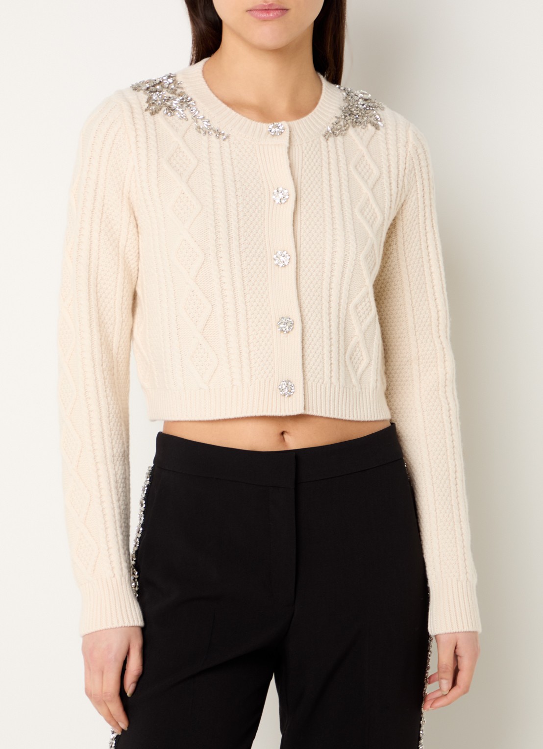 ba&sh Oillo grofgebreid cropped vest van wol met strass - detail 4 gebroken wit
