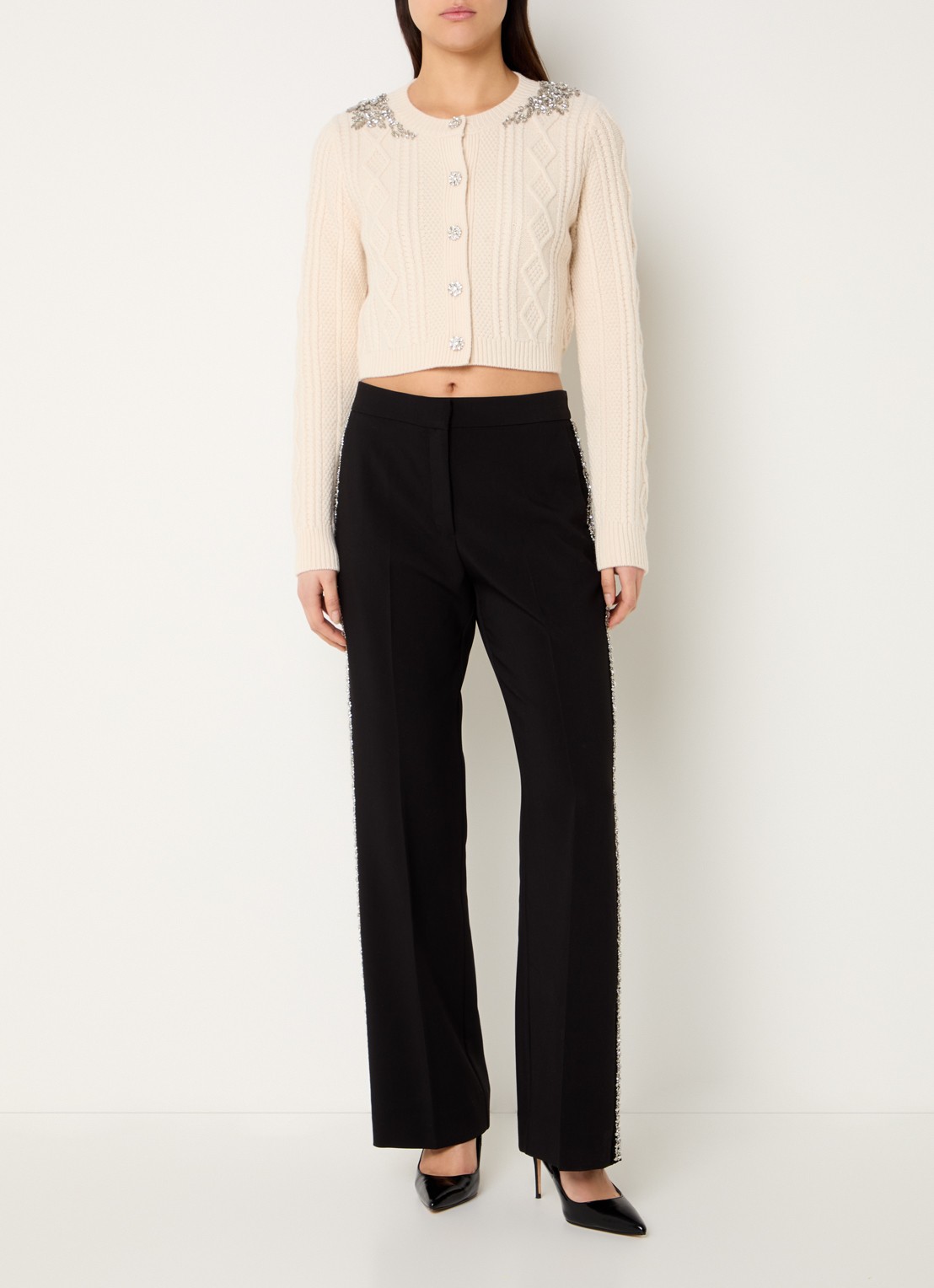 ba&sh Oillo grofgebreid cropped vest van wol met strass - voorkant 3 gebroken wit