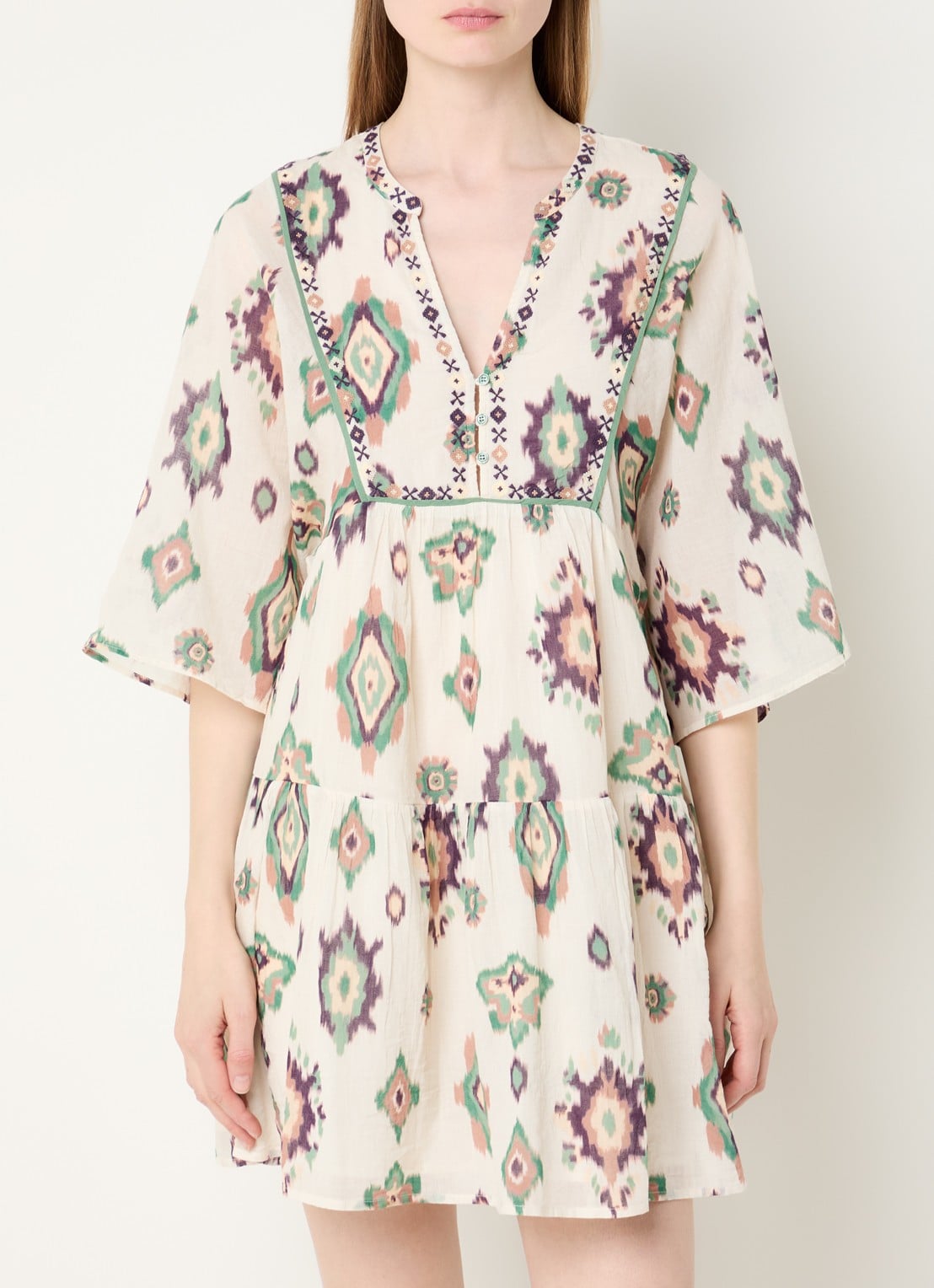 ba&sh Olalie mini jurk met grafische print - detail 4 gebroken wit