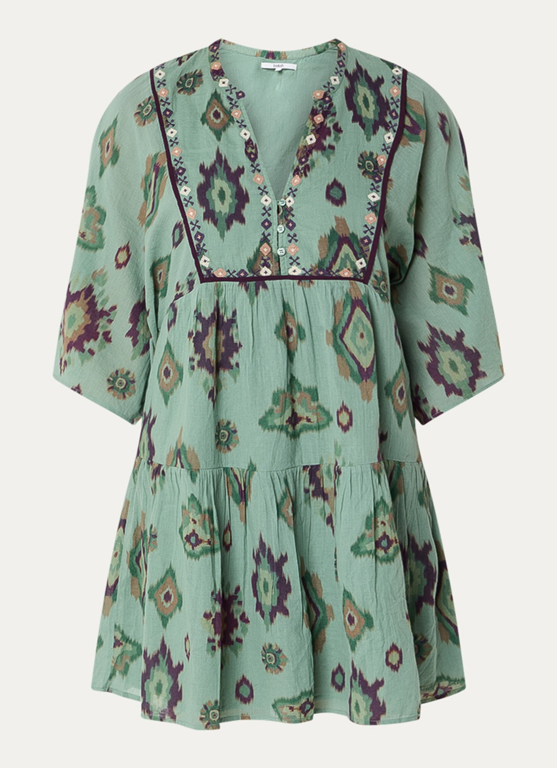 ba&sh Olalie mini jurk met grafische print - voorkant groen