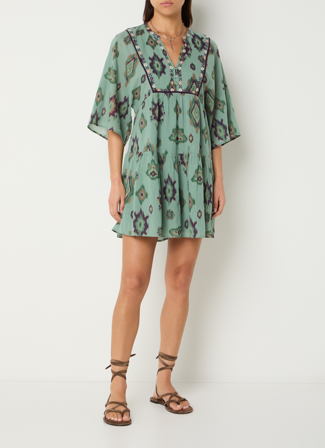 ba&sh Olalie mini jurk met grafische print - voorkant 2 groen