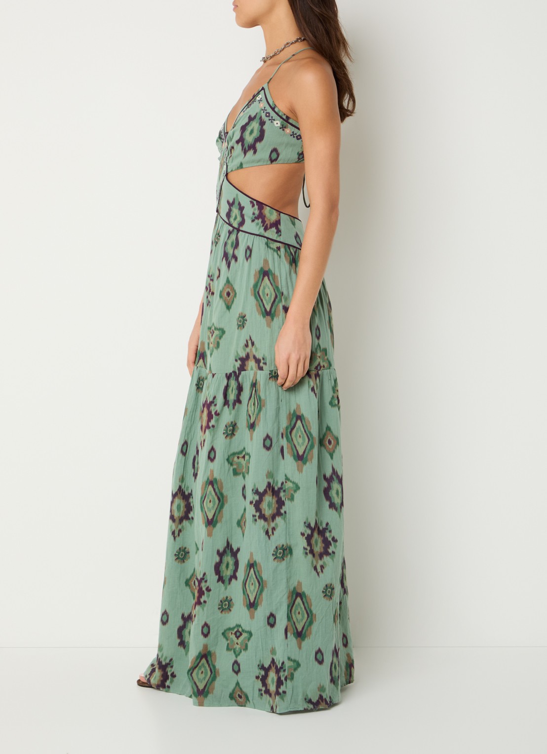 ba&sh Omelia maxi halterjurk met grafische print - achterkant lindegroen