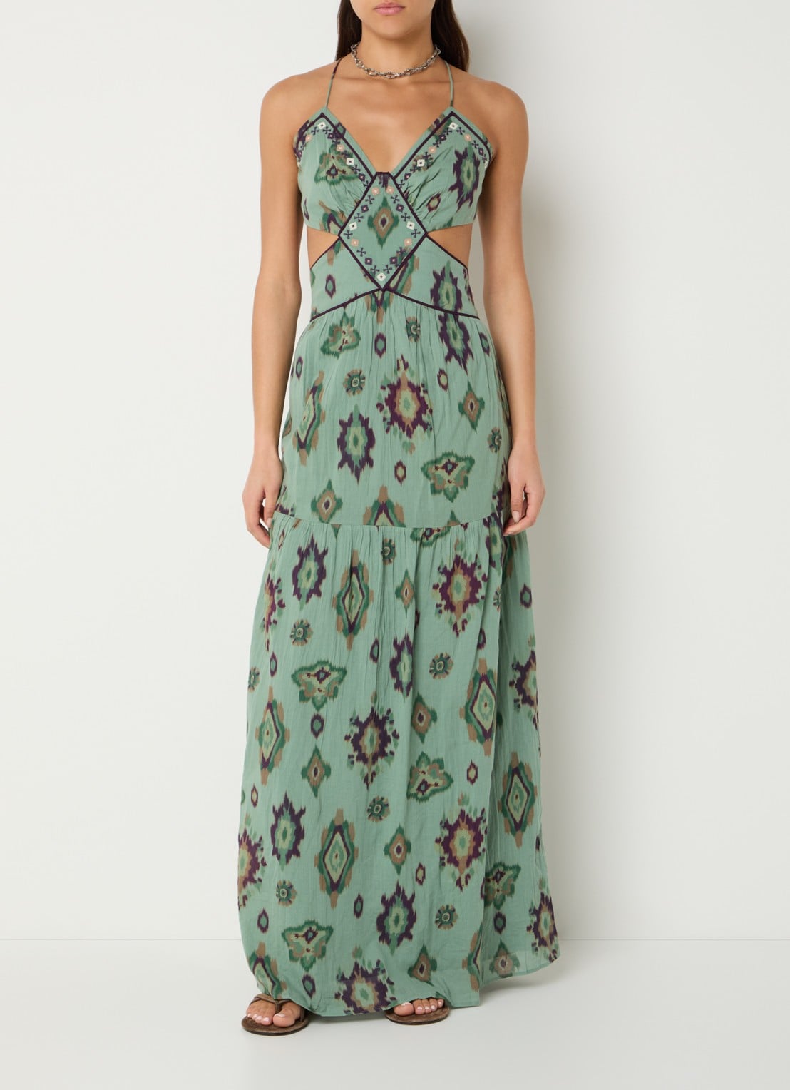 ba&sh Omelia maxi halterjurk met grafische print - detail 2 lindegroen