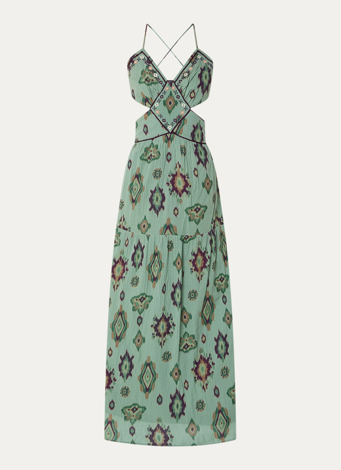 ba&sh Omelia maxi halterjurk met grafische print - voorkant 3 lindegroen