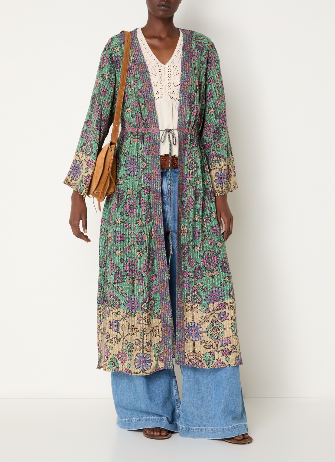 ba&sh Padrig kimono vest met strikceintuur en  print - voorkant 2 groen