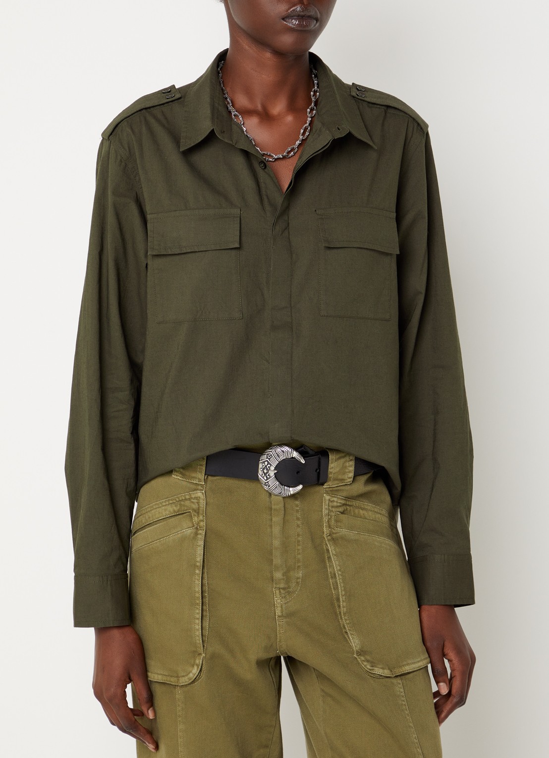 ba&sh Palani blouse met borstzakken - detail 4 bronsgroen
