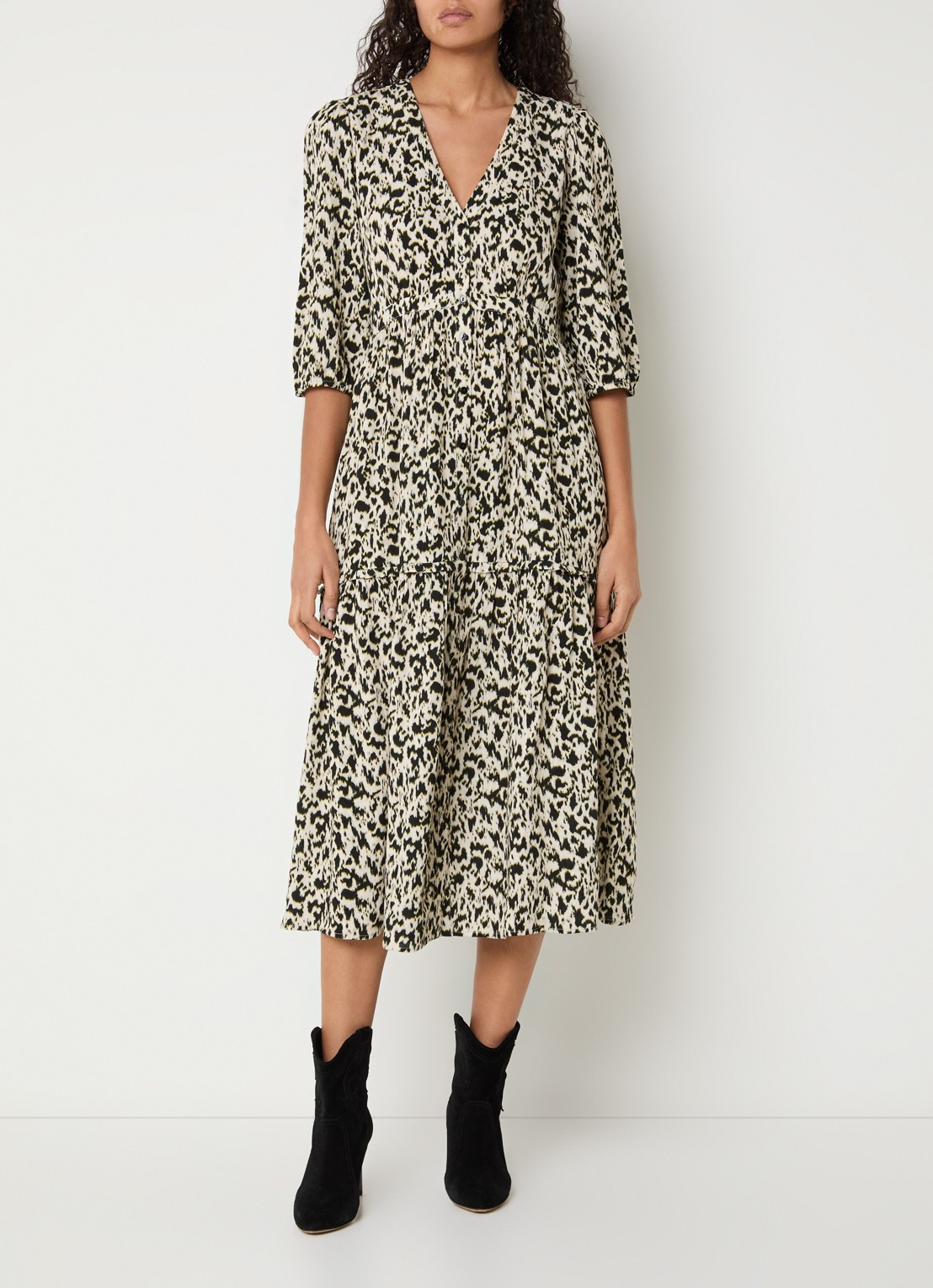 ba&sh Palma midi blousejurk met panterprint - detail 3 gebroken wit