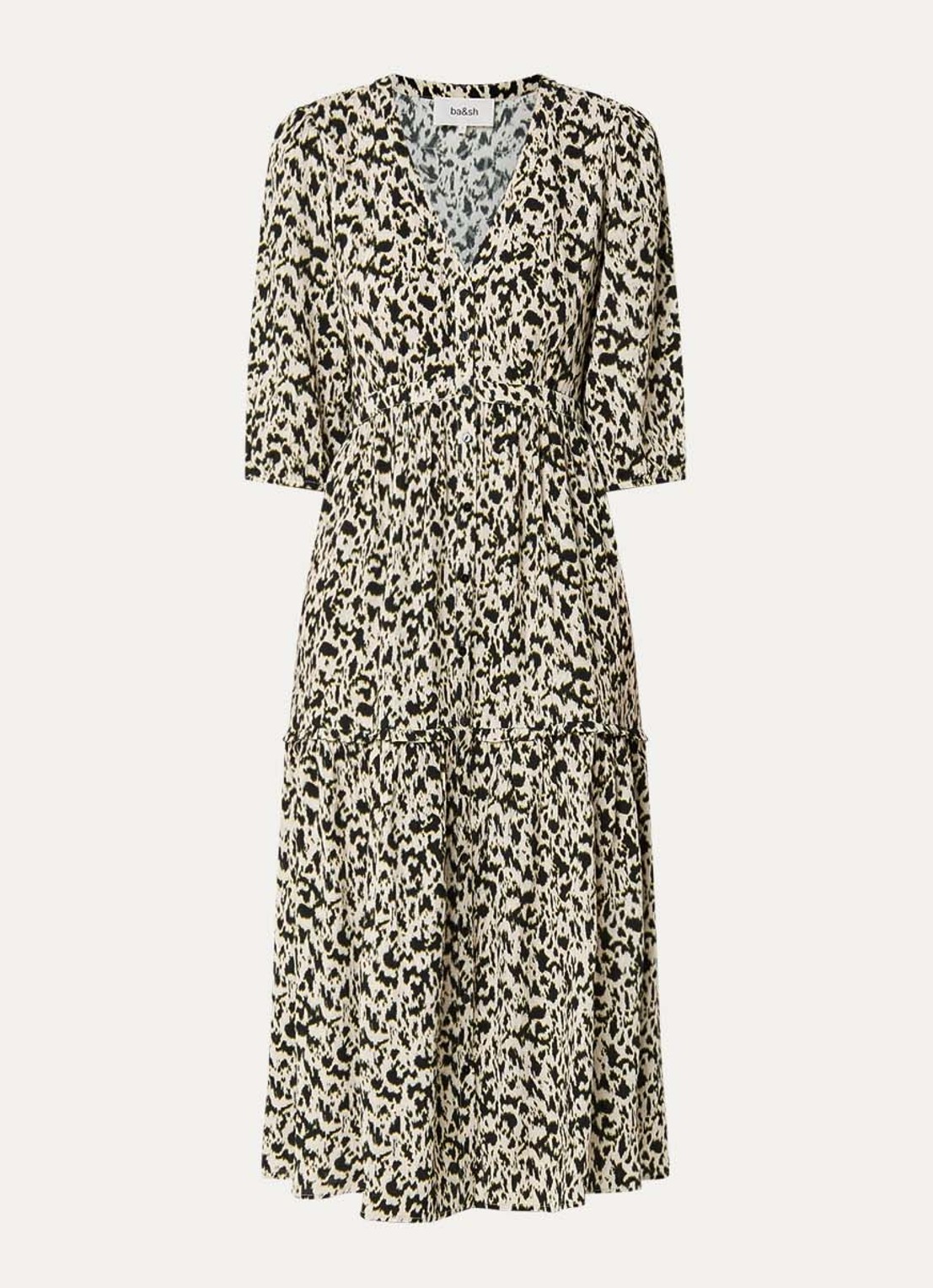 ba&sh Palma midi blousejurk met panterprint - voorkant gebroken wit