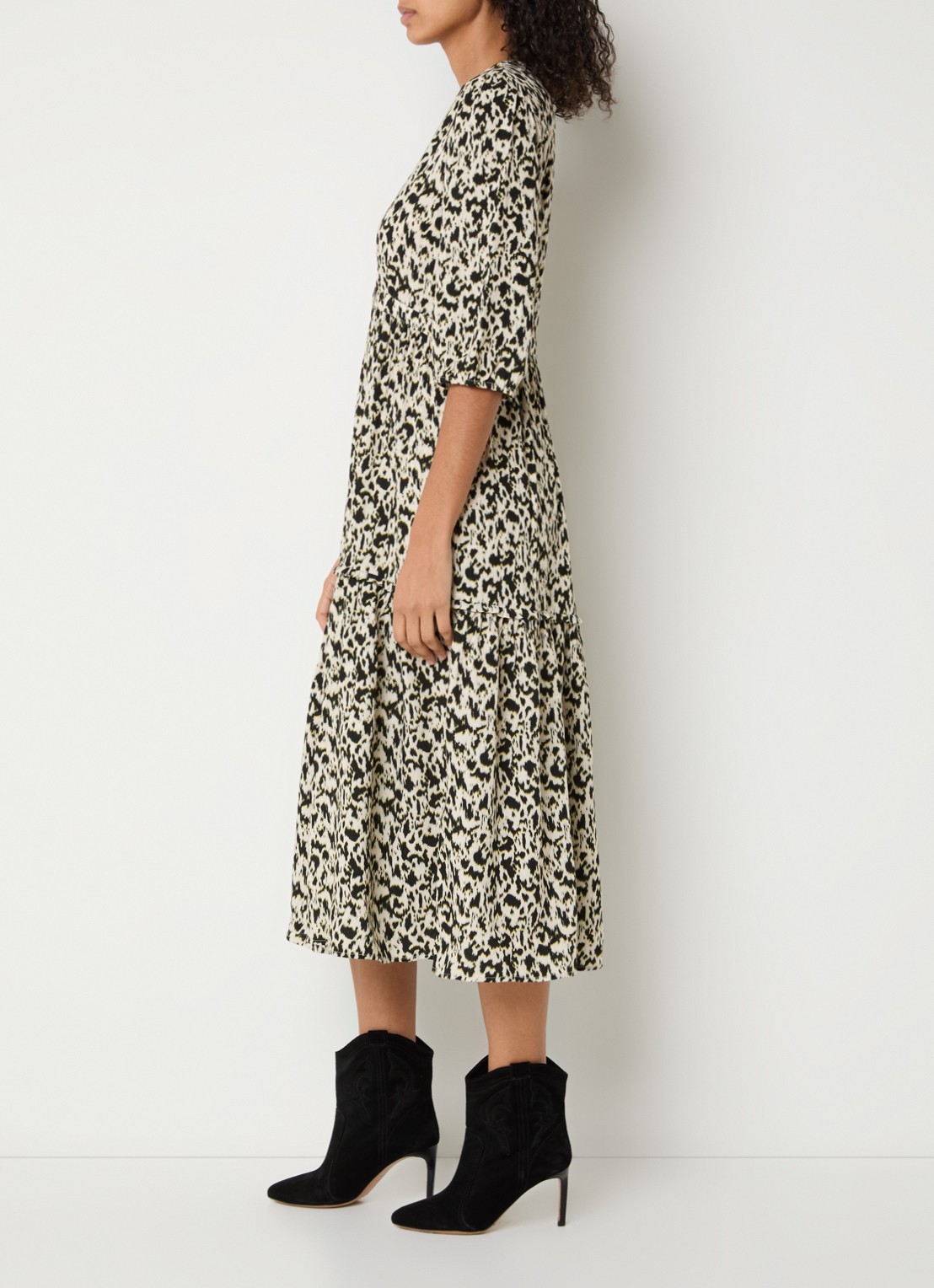 ba&sh Palma midi blousejurk met panterprint - voorkant 2 gebroken wit
