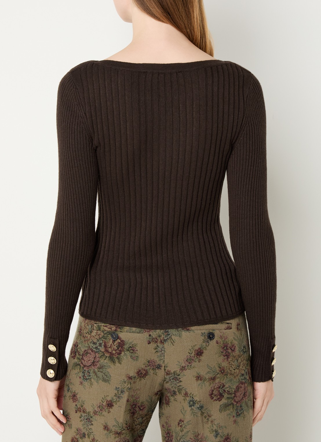 ba&sh Palma ribgebreide pullover in wolblend met boothals - achterkant 3 chocoladebruin