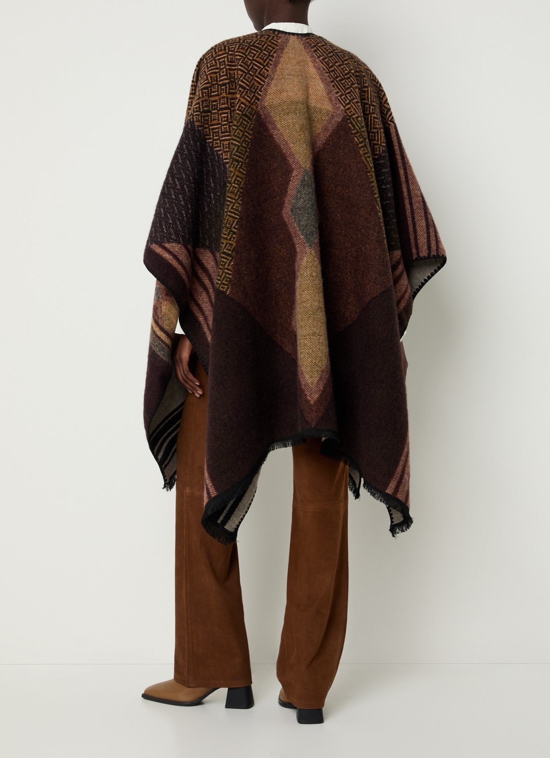 ba&sh Panama poncho in wolblend met grafische print - achterkant 4 donkerbruin