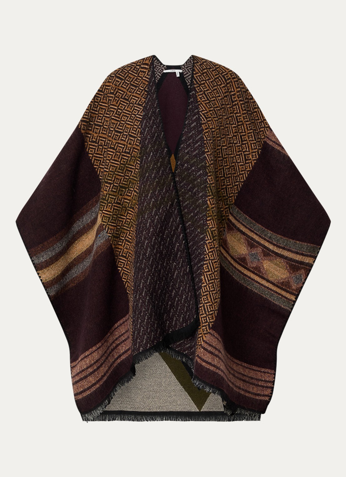 ba&sh Panama poncho in wolblend met grafische print - voorkant donkerbruin